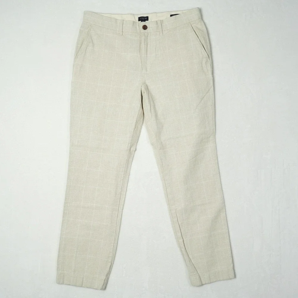 J. Crew Mens 32x30 (Fits 32x28) Straight Linen Cotton Glen Plaid Pants Oatmeal